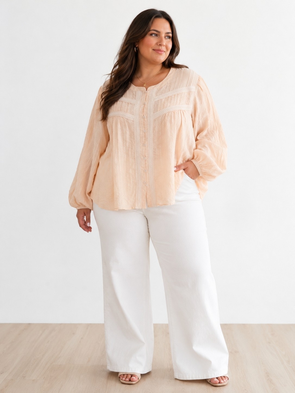 Relaxed Peach Lace-Trim Peasant Tunic - Women